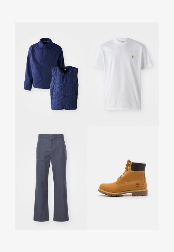 Mørkeblå herrejakke med krave og lange ærmer ved siden af en quilted mørkeblå ærmeløs vest med forhåndsnaps og lynlåslommer.; Hvid bomulds t-shirt med korte ærmer, rund hals og et lille guld logo på venstre brystområde. Blød tekstur og almindelig pasform.; Mørkegrå, vide bukser lavet af bomuld. Med to forlommer og knaplukning. Glat tekstur med et afslappet design.; Brune læder ankelstøvle med metaløjer, hvid pelsforing, sort polstret krave, robust sål og præget logo på siden.