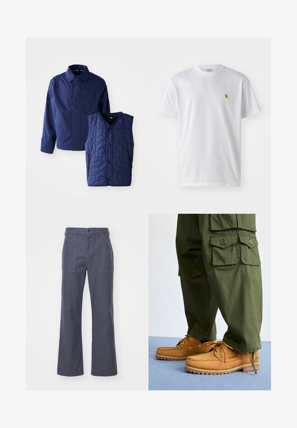 Mørkeblå herrejakke med krave og lange ærmer ved siden af en quilted mørkeblå ærmeløs vest med forhåndsnaps og lynlåslommer.; Hvid bomulds t-shirt med korte ærmer, rund hals og et lille guld logo på venstre brystområde. Blød tekstur og almindelig pasform.; Mørkegrå, vide bukser lavet af bomuld. Med to forlommer og knaplukning. Glat tekstur med et afslappet design.; Timberland AUTHENTIC 3 EYE - Sejlersko - wheat