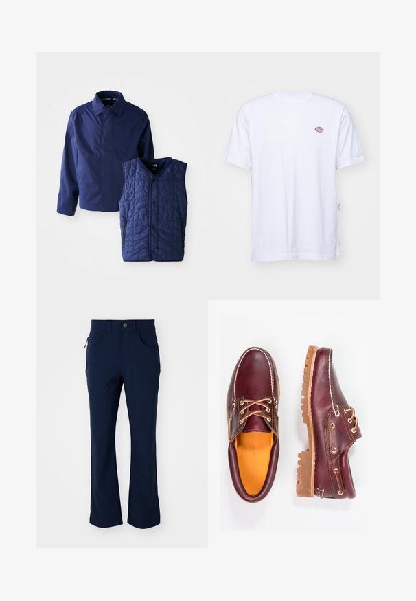 Mørkeblå herrejakke med krave og lange ærmer ved siden af en quilted mørkeblå ærmeløs vest med forhåndsnaps og lynlåslommer.; Hvid bomulds t-shirt med v-hals og korte ærmer. Har et lille farverigt broderet logo på venstre bryst. Blød tekstur.; Mørkeblå lige bukser med bæltestropper, knaplukning, forlommer og en lynlåslomme på siden mod en hvid baggrund.; Bordeaux lædersko med brune gummisåler, rund tå, hvid syning og gyldne snøringer. Indersiden har et gult for.