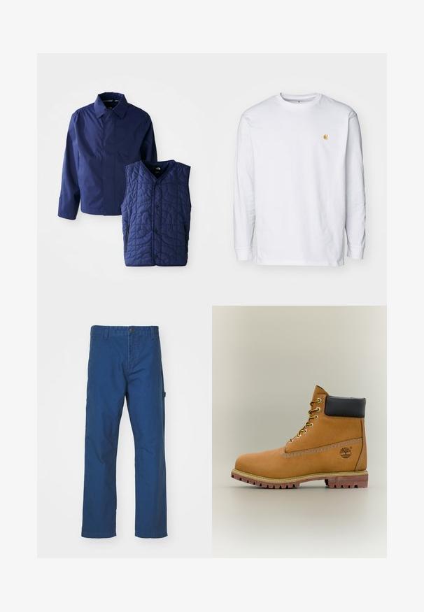 Mørkeblå herrejakke med krave og lange ærmer ved siden af en quilted mørkeblå ærmeløs vest med forhåndsnaps og lynlåslommer.; Hvid langærmet t-shirt lavet af bomuld. Har et lille gyldent logo på brystet og en rund halsudskæring. Enkel design og standard pasform.; Blå bomuldstwill bukser med lige ben-design, der har en knaplukning og sidelommer. Glat tekstur, ingen synlige mønstre eller accenter.; Brun læderankelstøvle med sort krave, gule snørebånd og tanfarvet sål. Har logo og hvide syninger som detalje. Robust ydersål med greb.