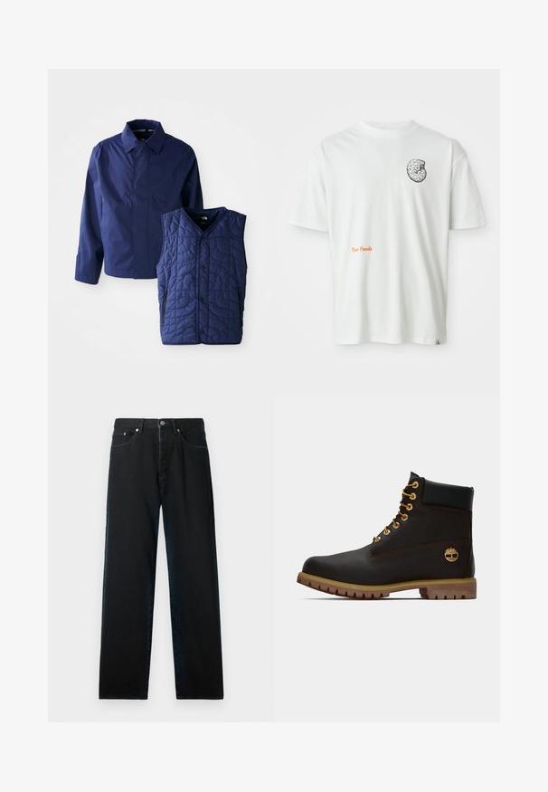 Mørkeblå herrejakke med krave og lange ærmer ved siden af en quilted mørkeblå ærmeløs vest med forhåndsnaps og lynlåslommer.; Hvid kortærmet t-shirt med et sort-hvidt abstrakt fossil-design på venstre bryst og orange tekst "Texas Fossils" på fronten.; Sorte denimjeans med lige pasform, fem-lomme design og metalhardware. Stoffet har en glat tekstur og minimal falming.; Sorte læder ankelstøvle med gyldne øjer, brune detaljer og gummisål. Har en polstret krave og præget logo på siden.