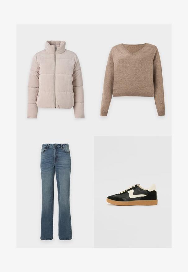 Doudoune en corduroy beige clair, avec un col haut, une fermeture éclair à l'avant et un design matelassé à rayures horizontales.; Pull en maille beige clair avec décolleté en V, manches longues et ourlet côtelé. Texture douce avec un design légèrement court et sans motifs visibles.; Jean en denim droit bleu avec fermeture à bouton et zip à l'avant, poches avant et arrière, et un léger effet délavé.; Baskets en daim et cuir noir avec un swoosh latéral crème et un talon crème clair. Dotées de lacets beige et d'une semelle en caoutchouc gomme.
