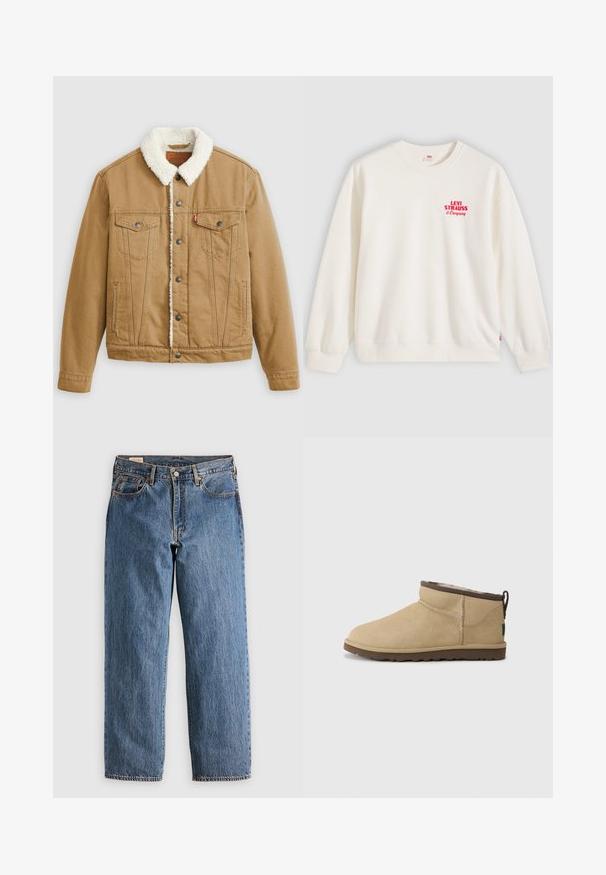 Tan denimjakke med en hvid sherpa-krave, to brystlommer, sidelommer og metalknapper. Har lodrette syningsdetaljer.; Hvid crewneck sweatshritt med rød "Levi Strauss & Company" tekst på øverste venstre bryst samt ribstrikkede manchetter og kant.; Blå denimjeans med lige snit, der har høj talje, kobbernitter og orange syninger. Foran og bagpå er der lommer.; Beige ruskindsankelstøvle med en rundet tå, som har en brun accent øverst. Blødt inderfor og tekstureret gummisål.