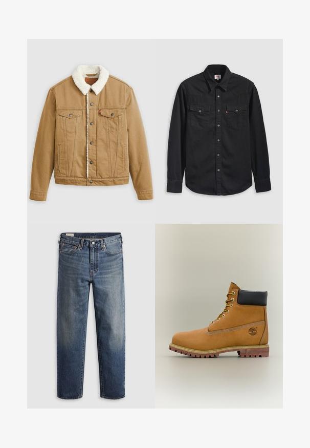 Tan denimjacket met een witte sherpa-kraag, twee borstzakken, zijzakken en metalen knopen. Heeft verticale stikseldetails.; Zwart denim shirt met een knoopsluiting aan de voorkant, twee borstzakken en een puntige kraag met zichtbare stikselaccenten.; Donkerblauwe spijkerbroek van denim met een losse pasvorm, rechte pijpen, vijf steekzakken en subtiele vervaging op de dijen. Zilveren knoop en klinknagels.; Bruine leren enkellaars met zwarte kraag, gele veters en een zandkleurige zool. Voorzien van een logo en witte stikseldetails. Robuuste loopzool met grip.