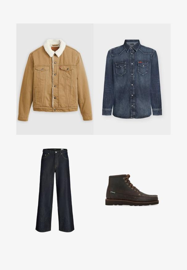 Tan denimjacket met een witte sherpa-kraag, twee borstzakken, zijzakken en metalen knopen. Heeft verticale stikseldetails.; Donkerblauw denim overhemd met lange mouwen, een puntige kraag, metalen drukknoopjes en twee borstzakken met knoop, waarvan één met een klein rood label.; Donkerblauwe wijde spijkerbroek met knoop aan de voorkant, zakken en zichtbare oranje stiksels op een witte achtergrond.; Sebago Veterboots - marrone