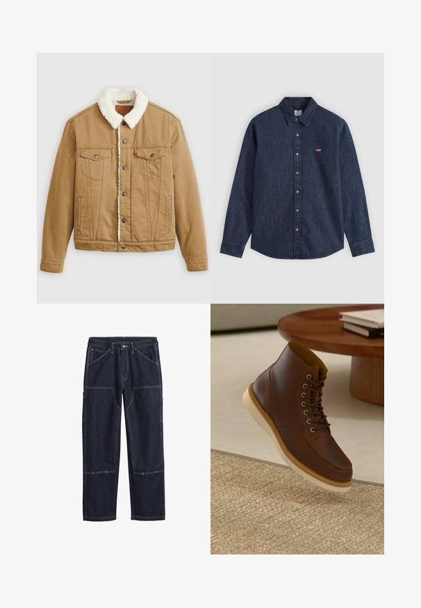 Tan denimjakke med en hvid sherpa-krave, to brystlommer, sidelommer og metalknapper. Har lodrette syningsdetaljer.; Mørkeblå denim skjorte med lange ærmer, knapper for, spids krave og lille rødt Levi's-logo på venstre bryst.; Mørkeblå denimbukser med dobbeltsyede sømme, knap foran, bæltestropper og flere forstærkede lappe-lommer på benene.; Brune læderankelstøvle med beige sål på et struktureret beige tæppe ved siden af et rundt træbord med stakke af bøger.