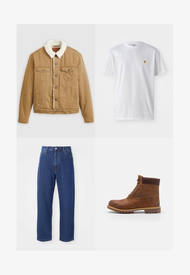 Tan denimjakke med en hvid sherpa-krave, to brystlommer, sidelommer og metalknapper. Har lodrette syningsdetaljer.; Hvid bomulds t-shirt med korte ærmer, rund hals og et lille guld logo på venstre brystområde. Blød tekstur og almindelig pasform.; Høj taljede blå jeans i denim, med lige ben silhuet, synlige stikninger og en frontknaplukning.; Brun læder vandrestøvle med en glat finish, polstret ankel, metalliske snørehuller og en gummisål med et robust dækmønster.