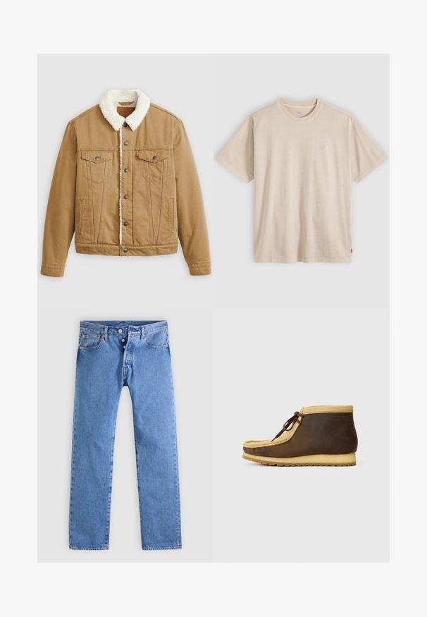 Tan denimjakke med en hvid sherpa-krave, to brystlommer, sidelommer og metalknapper. Har lodrette syningsdetaljer.; Beige T-shirt med korte ærmer og rund hals, med subtilt Levi’s-logo på brystet og lille rødt mærke på sidesømmen.; Lyseblå denimjeans med et lige ben design, fem lommer og to-knaps lynlås. Har minimal falmen og kontrastsyning.; Brune læderankelstøvler med en tan ruskindskrave, rund tå og brune snørebånd. Har en struktureret gummisål for godt greb.