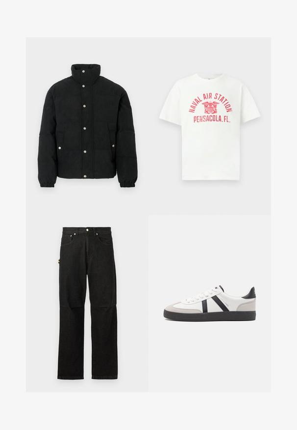 Veste matelassée en velours côtelé noir avec un col montant, une fermeture à boutons-pression, deux poches avant et des poignets élastiques pour un ajustement parfait.; T-shirt blanc à manches courtes avec le texte rouge "NAVAL AIR STATION PENSACOLA, FL." et un emblème d'aigle au centre à l'avant.; Pantalons en denim noir avec une coupe droite, dotés de poches avant, d'un zip à bouton et de quincaillerie minimale pour un look épuré.; Baskets blanches avec des accents noirs et gris, présentant un embout texturé gris, une semelle en caoutchouc noir et des lacets plats blancs. Design épuré, style minimaliste.