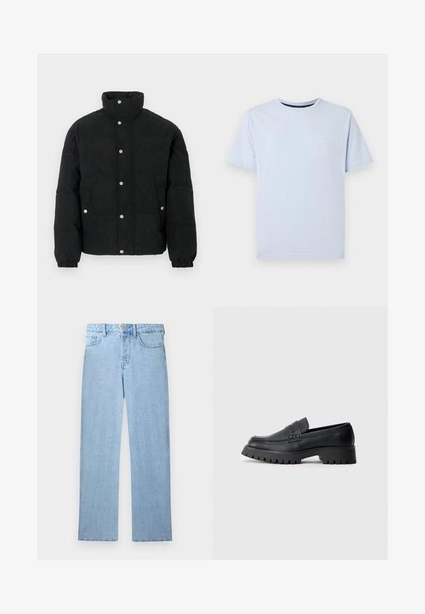Veste matelassée en velours côtelé noir avec un col montant, une fermeture à boutons-pression, deux poches avant et des poignets élastiques pour un ajustement parfait.; T-shirt bleu clair à manches courtes et col rond avec un petit logo blanc sur le côté gauche de la poitrine, sur un fond blanc uni.; Jean denim bleu clair taille haute avec jambe droite, fermeture à bouton et zip à l'avant, et design à cinq poches sur fond blanc.; Mocassins en cuir noir avec un bout arrondi, présentant une sangle décorative et une semelle en caoutchouc épaisse avec de profonds crampons pour une meilleure adhérence.