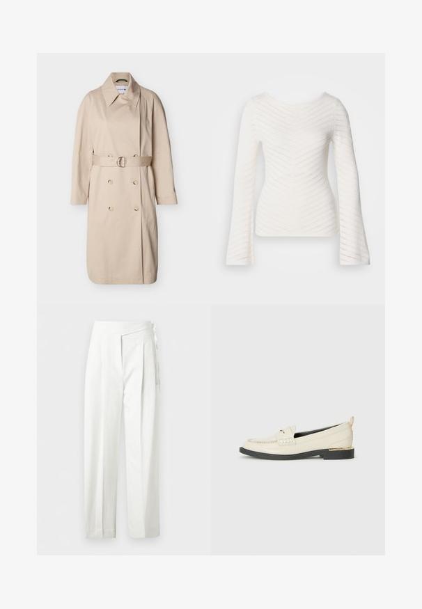 Trench-coat beige croisé avec col large, manches longues, ceinture avec boucle argentée à la taille et boutons sur le devant.; Haut blanc à manches longues avec une coupe ajustée, présentant des motifs en zigzag texturés et un col bateau. Confectionné en tissu doux et léger.; Pantalon blanc taille haute avec plis et détail de nœud sur le côté, coupe droite et fermeture cachée.; Mocassin en cuir crème avec une sangle décorative, des détails cousus et une semelle noire basse accentuée d'un talon doré.