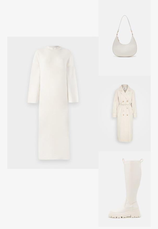 Beige trenchcoat fremstillet af et glat stof, med en dobbeltbrystet front, bælte i taljen og knapdetaljer. Lange ærmer med manchetter.; Lang, lys cremefarvet kjole med rund halsudskæring og dropped shoulders. Lavet af et blødt, tekstureret materiale har den en lige silhuet.; Knælange hvide gummistøvler med en solid sål og elastiske paneler på siden. Har træksløjfer øverst for nemmere påklædning. Glat overflade.; Cremefarvet læder skuldertaske med en halvmåneform, tynd rem og diskrete syninger. Minimalistisk design med hardware-accenter i guldton.