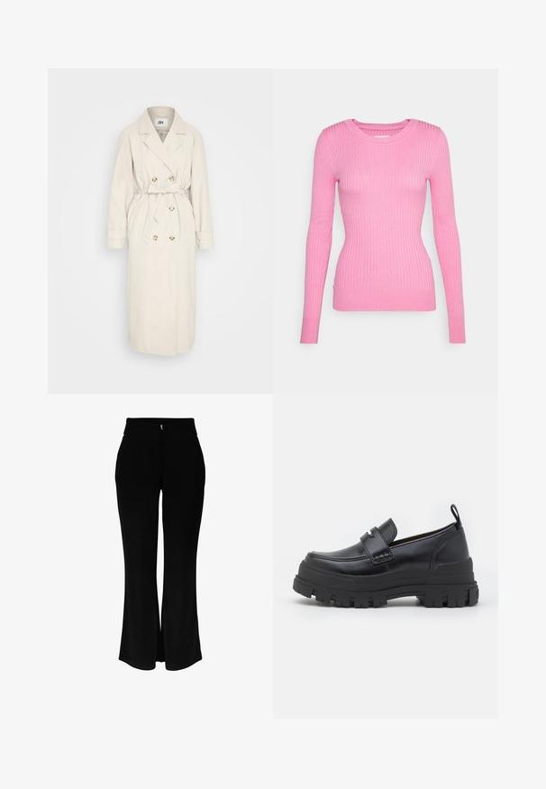 Beige trenchcoat fremstillet af et glat stof, med en dobbeltbrystet front, bælte i taljen og knapdetaljer. Lange ærmer med manchetter.; Ribbet langærmet sweater i lys pink. Tætsiddende design med rund hals og glat tekstur. Kant og manchetter har en diskret ribbet finish.; Sorte bukser med brede ben lavet af blødt stof med høj talje og en lynlås foran. Har et udslået design med sideslids ved kanten.; Sort læderloafer med tyk rillede sål, mok tå syning, remdetalje over toppen og trækstrop på hælen, vist i sideprofil.
