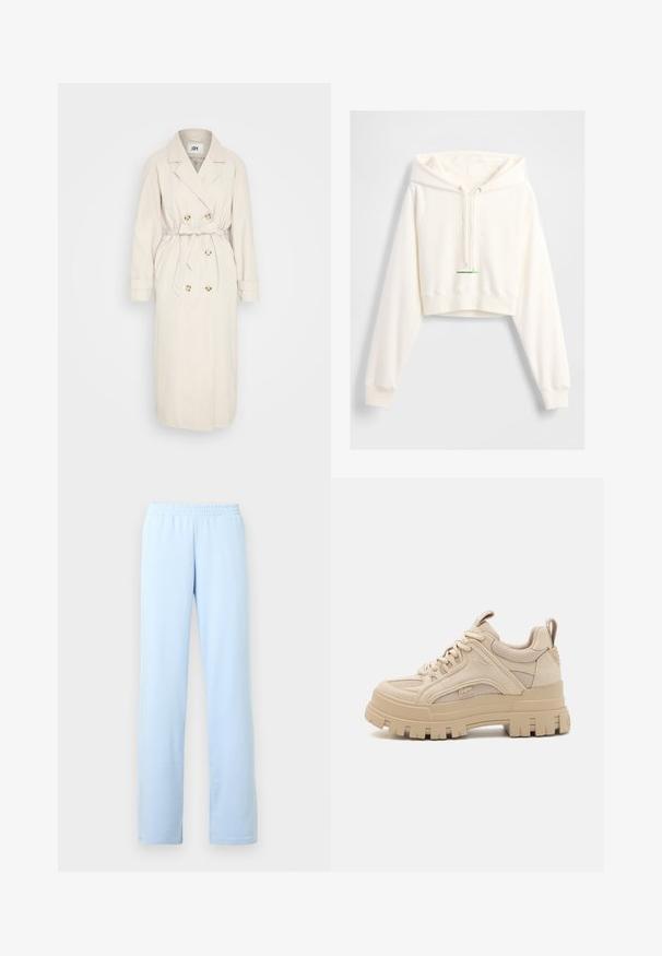 Beige trenchcoat fremstillet af et glat stof, med en dobbeltbrystet front, bælte i taljen og knapdetaljer. Lange ærmer med manchetter.; Hvid cropped hættetrøje med snøre i hætten, præget "GAP"-logo, ribstrikkede manchetter og en grøn accenttag ved kanten. Blød, glat tekstur.; Lyseblå, bløde bomuldsjoggingbukser med elastisk talje, lige ben og uden synlige mønstre eller hardware-detaljer.; Beige chunky sneakers med en blanding af mesh og ruskind, med en tyk sål og fremtrædende slidbane, snørebåndsdesign og brandingdetalje.