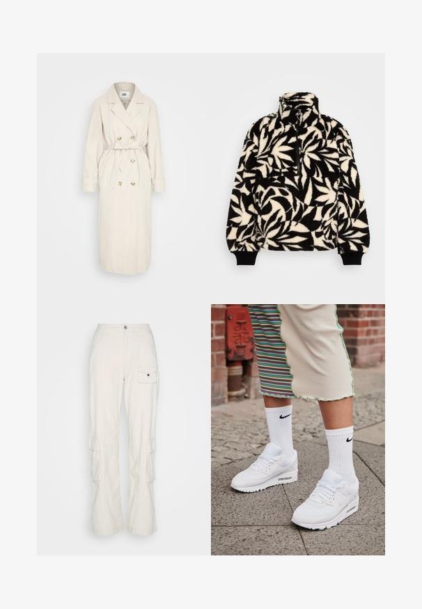 Beige trenchcoat fremstillet af et glat stof, med en dobbeltbrystet front, bælte i taljen og knapdetaljer. Lange ærmer med manchetter.; Sort og creme fleece-pullover med høj krave, halvlukning og et bladmønster. Ærmemanchetterne har sorte elastiske bånd for en tætsiddende pasform.; Cotton On HAYDEN PANT - Cargobukser - dove grey; Hvide Nike Air Max 90 sneakers med mesh og læderoverdel, der har en synlig luftenhed, parret med hvide ribbede sokker med sort logo.