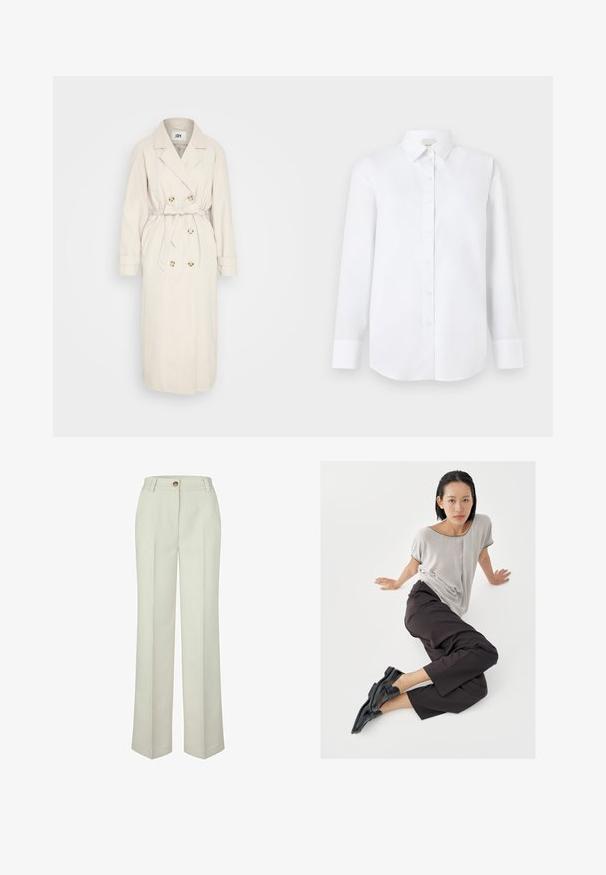 Beige trenchcoat fremstillet af et glat stof, med en dobbeltbrystet front, bælte i taljen og knapdetaljer. Lange ærmer med manchetter.; Hvid langærmet skjorte lavet af glat stof, med knaplukning foran, klassisk krave og rundet bagkant med knappede manchetter.; Off-white, lige bukser med bæltestropper og enkelt knaplukning i taljen.; Lysegrå top med korte ærmer, mørke bukser med vide ben og sorte loafers. Glat stof, afslappet pasform og kontrastfarvet kant på skjorten.
