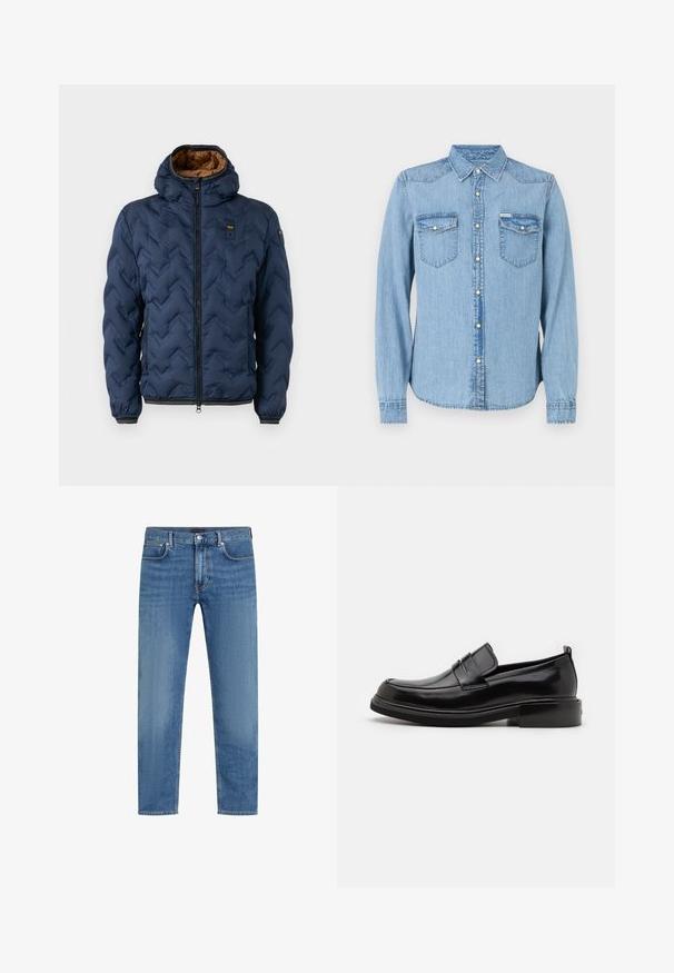 Veste matelassée bleu marine à motif chevron, fermeture éclair à l'avant et capuche amovible. Doublée en tissu marron, avec poignets et ourlet élastiques.; Chemise en denim bleu clair à manches longues, avec un col pointu et une fermeture à boutons-pression. Équipée de deux poches poitrine avec des rabats. Coupe droite.; Jean en denim droit bleu avec cinq poches, fermeture à bouton et glissière, et un léger délavage sur les cuisses.; Calvin Klein MOCCASIN - Mocassins de ville - black
