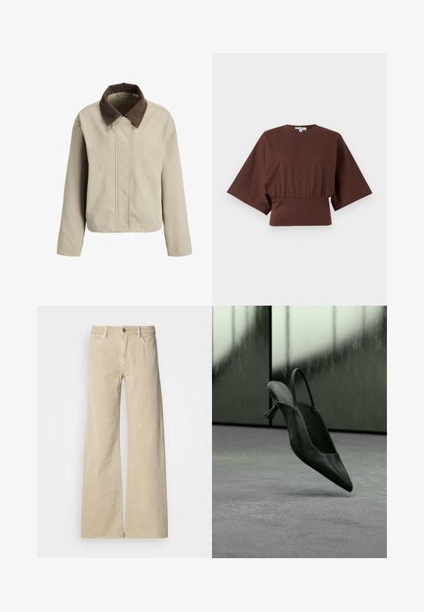 Beige jas met een ritssluiting en knoopsluiting aan de voorkant, voorzien van een contrasterende bruine corduroy kraag en lange mouwen.; Bruin cropped top met brede ellebooglange mouwen en een gerimpelde taille, getoond tegen een effen lichte achtergrond.; Beige broek met hoge taille, wijde pijpen, voorste knoop, rits, riemlussen en vijfzakkenontwerp.; Zwarte leren slingback pumps met hoge hak en spits toelopende neus zwevend boven een grijs tapijtvloer, wazige groenachtige muur op de achtergrond.