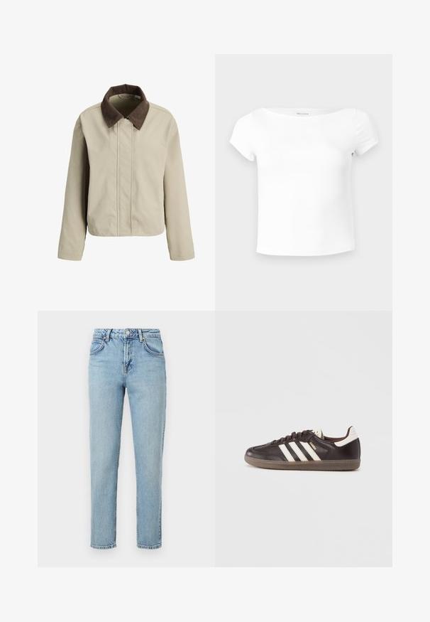 Beige jas met een ritssluiting en knoopsluiting aan de voorkant, voorzien van een contrasterende bruine corduroy kraag en lange mouwen.; Witte korte damescropped top met boothals, gladde stof en Hollister-merklabel binnenin de kraag.; Lichtblauwe high-waist rechte denim jeans met voor- en achterzakken, lussen voor een riem, en een knoop- en ritssluiting.; Donkerbruine leren sneakers met een wit drie-strepen ontwerp, een rubberen zool en "Samba" in gouden letters aan de zijkant. Klassieke lage schoenvorm.