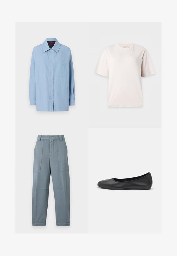 Lyseblå jakke lavet af bomuld, med en spids krave, frontknapper, påsyet lomme og lange ærmer. Enkel design med minimale accenter.; Plain hvid t-shirt med korte ærmer og rund hals vist på en lysegrå baggrund.; Blågrå bukser med lige ben, forlommer foran, bæltestropper, knaplukning i taljen og justerbare trykknapper ved anklerne.; Sort læderballetsko med rund tå, glat tekstur, minimal syning og et fleksibelt såldesign.