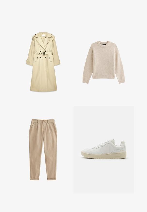 Beige trenchcoat gemaakt van lichtgewicht stof. Heeft een dubbele rij knopen aan de voorkant, een gespsluiting in de taille, schouderepauletten en twee zakken.; Beige gebreide trui met een ronde halslijn, lange mouwen en geribbelde zoom. Gelaagd stof met een zachte uitstraling. Eenvoudig en veelzijdig ontwerp.; Beige chino's van lichtgewicht katoenstof. Heeft een taps toelopende pijp, voorplooien, zijzakken en opgerolde mouwen. Geborstelde textuur.; Witte leren sneakers met geperforeerde teendoos, contrasterende beige rubberen zool en logo-accenten op de zijkant en hiel. Minimalistisch ontwerp.