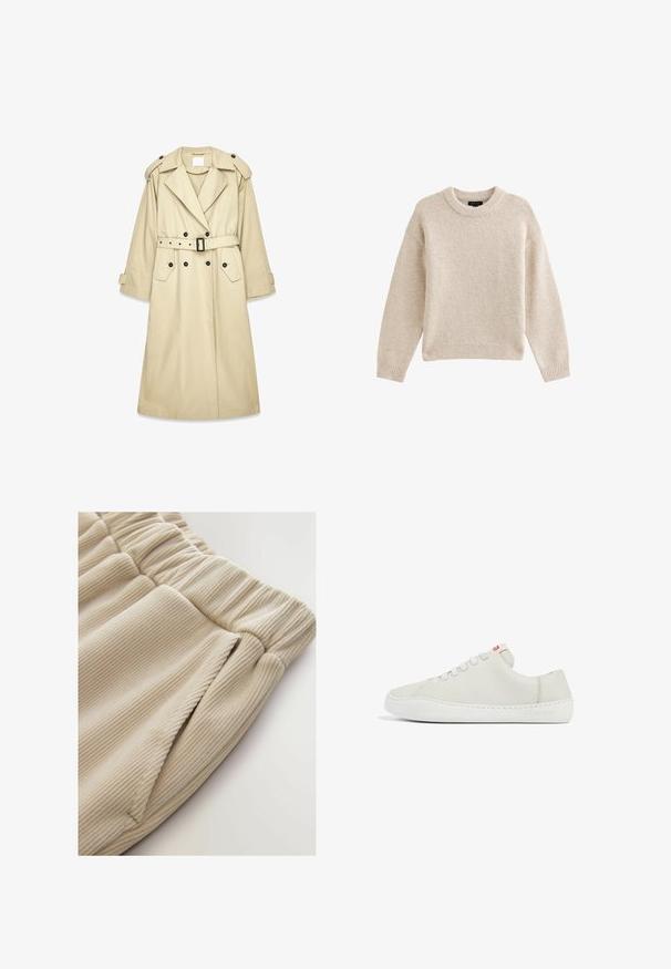 Beiger Trenchcoat aus leichtem Stoff. Verfügt über eine doppelte Knopfleiste, taillierten Gürtel, Schulterklappen und zwei Taschen.; Beige gestrickter Pullover mit Rundhalsausschnitt, langen Ärmeln und geripptem Saum. Texturierter Stoff mit weicher Optik. Einfaches und vielseitiges Design.; Beige Rippenstoffshorts mit einem elastischen Bund und seitlichen Taschen, die eine weiche Textur und ein lockeres Design aufweisen.; Weiße Leder-Sneaker mit niedrigem Profil, runder Zehenpartie, flacher Schnürung und weißer Gummisohle. Verfügt über dezente Nähte und ein kleines Logo.