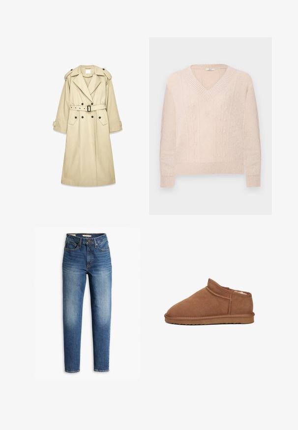 Beige trenchcoat lavet af letvægtsstof. Har dobbeltradet front, bælte i taljen, skulderstropper og to lommer.; Lys beige strikket sweater med V-hals, ribbede manchetter og kant, med diskrete vertikale blomster kabelstrik mønstre på forsiden.; Denimjeans i mellemblå med lige ben. Har et klassisk fem-lomme design og subtil falmning ved lårene.; Brune ruskind slip-on sko med blødt inderfor, afrundet tå og lav, tekstureret gummisål. Søm detalje langs siderne.