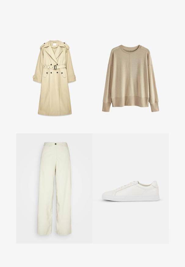 Beige trenchcoat gemaakt van lichtgewicht stof. Heeft een dubbele rij knopen aan de voorkant, een gespsluiting in de taille, schouderepauletten en twee zakken.; Beige gebreide trui met een ontspannen pasvorm, ribgebreide manchetten en zoom, ronde halslijn en verlaagde schouders. Zachte textuur met minimale naden.; Weekday ELIO - Broek - beige dusty light; Witte leren sneaker met een gladde textuur, ronde neus, vetersluiting aan de voorkant en een platte rubberen zool. Eenvoudig ontwerp zonder patronen of accenten.