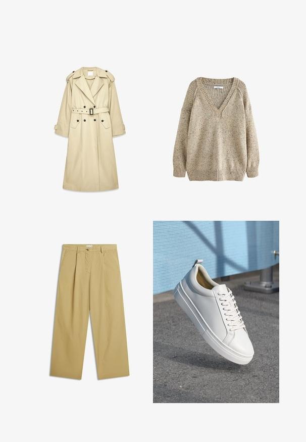 Beiger Trenchcoat aus leichtem Stoff. Verfügt über eine doppelte Knopfleiste, taillierten Gürtel, Schulterklappen und zwei Taschen.; Beige Strickpullover mit V-Ausschnitt, gerippten Bündchen und Saum. Die Textur weist ein gesprenkeltes Muster auf, das die visuelle Detailtreue verstärkt.; Beige weite Hosen mit Bügelfalten vorne, Seitentaschen, Gürtelschlaufen und Knopfverschluss in der Taille.; Weißes Leder-Sneaker mit flachen Schnürsenkeln, runder Zehenpartie, Gummisohle und einem kleinen Zieh-Tab an der Ferse. Glatte Textur mit minimalen Design-Details.