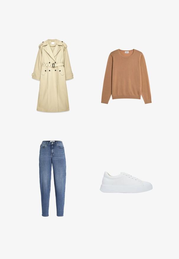 Beige trenchcoat gemaakt van lichtgewicht stof. Heeft een dubbele rij knopen aan de voorkant, een gespsluiting in de taille, schouderepauletten en twee zakken.; Lichtbruin trui met lange mouwen en ronde hals, met geribbelde manchetten en zoom, eenvoudig ontwerp en een klein geborduurd logo vlak bij de onderzoom.; Blauwe hoge taille spijkerbroek met taps toelopende pijpen, voor- en achterzakken, knoopsluiting en riemlussen, weergegeven op een witte achtergrond.; Witte leren sneakers met een ronde neus, platte veters en een dikke rubberen zool. Gladde textuur met minimale stikseldetails.