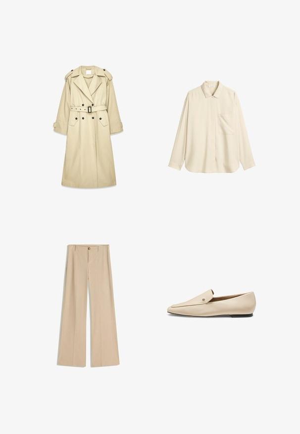Beige trenchcoat lavet af letvægtsstof. Har dobbeltradet front, bælte i taljen, skulderstropper og to lommer.; Beige langærmet skjorte med knapper, en brystlomme og klassisk krave, lavet af glat stof.; Beige bukser med brede ben og et fintstripet mønster, forrest med knapper og bæltestropper. Glat tekstur med skræddersyet finish.; Beige læderloafer med spids tå, flad sort sål og lille metallisk logodetalje nær den øverste kant.