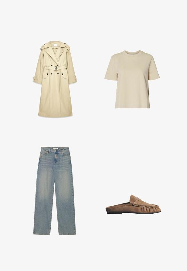Abrigo trench beige hecho de tela ligera. Cuenta con cierre delantero cruzado, cinturón en la cintura, hombreras y dos bolsillos.; Selected SLWESSENTIAL SS BOXY TEE NOOS - Camiseta básica - oatmeal; Vaqueros de mezclilla de pierna recta de tiro alto en azul claro, con bolsillos frontales, trabillas para el cinturón y cierre de botón y cremallera visible.; Mocasín tipo slip-on de ante marrón con suela negra plana y costuras estilo mocasín alrededor de la zona de los dedos.