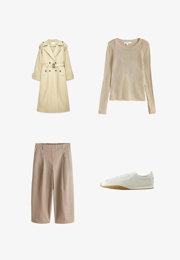 Beige trenchcoat gemaakt van lichtgewicht stof. Heeft een dubbele rij knopen aan de voorkant, een gespsluiting in de taille, schouderepauletten en twee zakken.; Beige geribbelde lange mouw gebreide trui met ronde hals en slim fit, plat weergegeven met label zichtbaar bij de kraag.; Beige broek met wijde pijpen, cropped lengte, voorplooien, zijzakken, ceintuurlussen en een aangesloten tailleband.; Witte lage sneaker met bruine rubberen zool, stikseldetails, veterluiting aan de voorkant en geborduurd logo aan de zijkant.