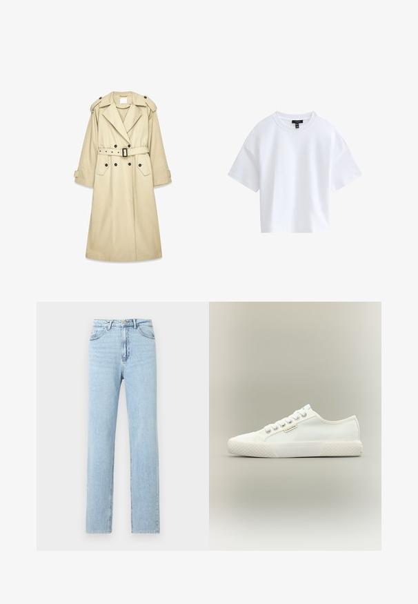 Abrigo trench beige hecho de tela ligera. Cuenta con cierre delantero cruzado, cinturón en la cintura, hombreras y dos bolsillos.; Camiseta blanca sencilla de manga corta y corte cropped con escote redondo y etiqueta negra de la marca dentro del cuello.; Vaqueros azul claro de corte recto con bolsillos delanteros, trabillas para cinturón y cierre de botón y cremallera.; Zapatilla blanca de lona de corte bajo con suela de goma texturizada, cordones blancos y pequeña etiqueta de Calvin Klein en el lateral.