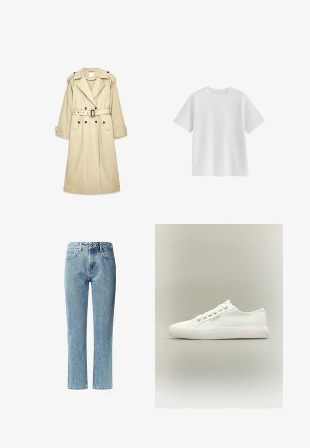 Abrigo trench beige hecho de tela ligera. Cuenta con cierre delantero cruzado, cinturón en la cintura, hombreras y dos bolsillos.; Camiseta blanca lisa de manga corta con cuello redondo, ajuste regular y textura de tela suave sobre un fondo blanco.; Jeans de mezclilla azul claro con corte recto, cintura media, cinco bolsillos y un desgaste sutil. Cierre funcional con botón de metal y cremallera.; Zapatilla blanca de lona de corte bajo con suela de goma texturizada, cordones blancos y pequeña etiqueta de Calvin Klein en el lateral.
