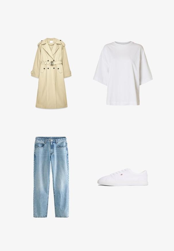 Abrigo trench beige hecho de tela ligera. Cuenta con cierre delantero cruzado, cinturón en la cintura, hombreras y dos bolsillos.; Camiseta blanca de manga corta y ajuste holgado, con hombros caídos y cuello redondo sobre un fondo liso.; Jeans de mezclilla de color azul claro con un corte relajado. Presenta cuatro bolsillos, un cierre de botón clásico y un desvanecimiento mínimo para una textura uniforme.; Zapatilla blanca de corte bajo con cierre de cordones y pequeño logo en rojo, blanco y azul en el lateral, suela plana de goma.