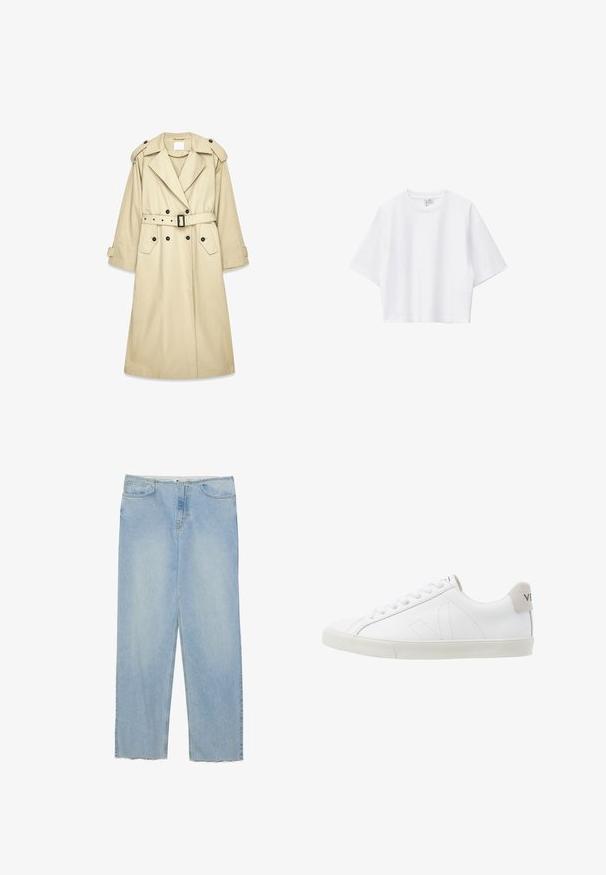 Beige trenchcoat gemaakt van lichtgewicht stof. Heeft een dubbele rij knopen aan de voorkant, een gespsluiting in de taille, schouderepauletten en twee zakken.; Witte cropped T-shirt van zacht katoen met een ronde hals, korte mouwen en een comfortabele pasvorm. Eenvoudig en veelzijdig ontwerp.; Lichtblauwe denim jeans met een rechte pijp, met een hoge taille, vijf zakken en gezeffde zoomdetails.; Witte leren sneakers met een getextureerde lichtgrijze rubberen zool. Kenmerken zijn onder meer veters, subtiele stiksels en een grijze suède hielaccent.