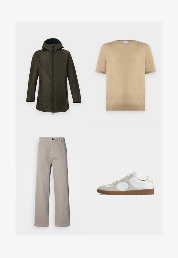 Imperméable long vert olive avec capuche, fermeture éclair frontale et poches latérales zippées sur un fond uni clair.; Pull en maille beige à manches courtes avec encolure ronde et ourlet côtelé, posé à plat sur fond blanc.; Pantalons larges beiges en coton doux, dotés d'une fermeture à bouton et de passants de ceinture. Texture lisse avec un design épuré et minimal.; Baskets décontractées à profil bas avec tige en cuir blanc, accents en daim beige clair, bout rond, lacets blancs et semelle en gomme.