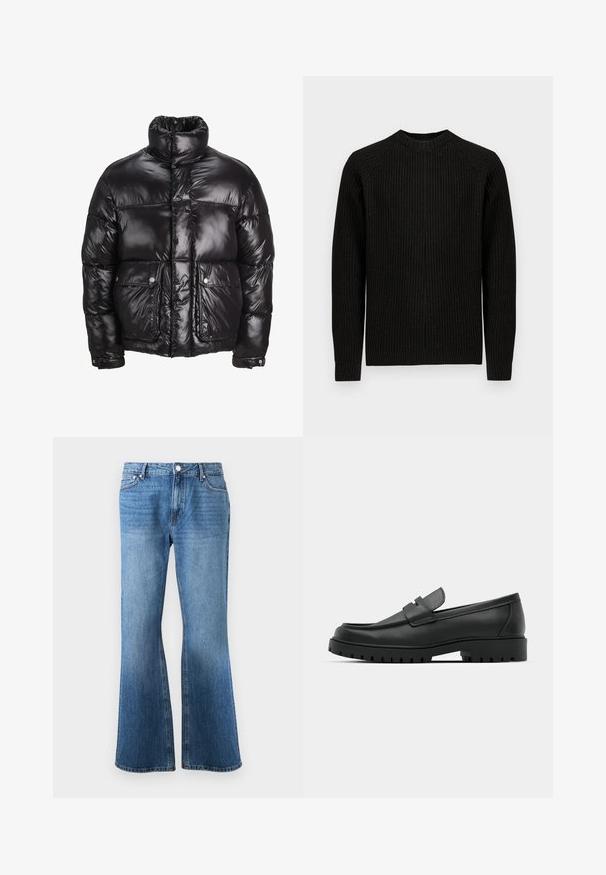 Doudoune noire en matériau brillant, avec un col montant, deux poches avant à fermetures pression, et un design matelassé.; Pull noir à côtes avec manches longues et col rond, présenté à plat sur un fond blanc uni.; Jean en denim bleu avec une taille haute et une coupe large, comportant des poches avant, des passants de ceinture et une fermeture par bouton.; Mocassins en cuir noir à bout arrondi, avec un design cousu, une semelle plateforme basse et une semelle en caoutchouc texturée et crantée.