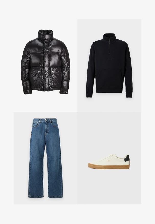 Doudoune noire en matériau brillant, avec un col montant, deux poches avant à fermetures pression, et un design matelassé.; Sweat-shirt noir à fermeture éclair quart de zip avec col montant, manches longues, poche avant kangourou et poche zippée sur le bras gauche.; Jeans en denim bleu avec une coupe relaxée, des jambes droites, des coutures visibles et une fermeture à bouton à l'avant. Comprend une poche latérale avec un accent.; Sneaker en toile blanche avec une semelle en gomme, accent au talon noir, bout rond et design à lacets. Présente le logo de la marque en doré sur le côté.