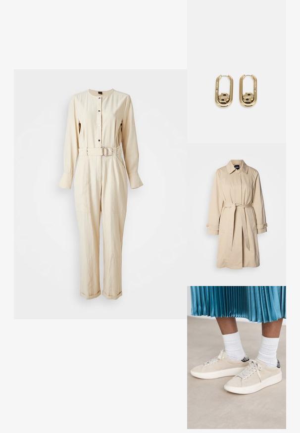 Manteau beige avec une taille ceinturée, des poignets boutonnés et un col. Fabriqué en tissu lisse et léger.; Combinaison en coton beige avec des manches longues, un col rond, une fermeture à boutons à l'avant, une taille ceinturée et une coupe droite.; Des baskets en daim beige avec une semelle en caoutchouc blanc et un design à lacets. Accent ué d'un arrière en tab noir texturé. Portées avec des chaussettes blanches côtelées.; BOSS DOUBLE B SWING - Boucles d'oreilles - gold-coloured