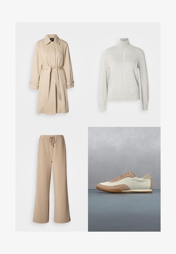 Béžový trench coat s opaskom v páse, gombíkovými manžetami a límcom. Vyrobený z hladkej, ľahkej tkaniny.; Svetlofialová sveter s vysokým golierom a štvrtinovým zipsom. Vyrobené z jemného, textúrovaného materiálu, s dlhými rukávmi a priliehavým lemom.; Béžové široké nohavice s elastickým pásom a šnúrkou. Vyrobené z mäkkej tkaniny s hladkým povrchom, so zašitým lemom.; Krémovo-hnedá teniska s textúrovaným vrchným dielom, šnúrkami a gumovou podrážkou, zobrazená nad dreveným povrchom s kamienkami.