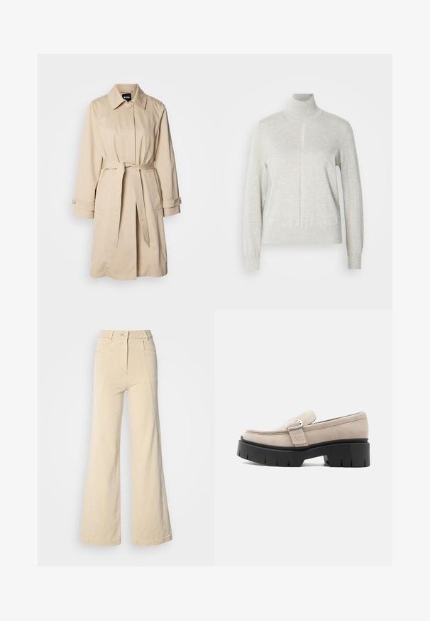 Béžový trench coat s opaskom v páse, gombíkovými manžetami a límcom. Vyrobený z hladkej, ľahkej tkaniny.; Svetlofialová sveter s vysokým golierom a štvrtinovým zipsom. Vyrobené z jemného, textúrovaného materiálu, s dlhými rukávmi a priliehavým lemom.; Béžové široké džínsy s vysokým pásom, prednými vreckami a kontrastným šitím, so zapínaním na gombík a hladkou bavlnenou textúrou.; Béžový semišový mokasín so striebornou sponou a hrubou čiernou robustnou podrážkou, bočný pohľad na bielom pozadí.