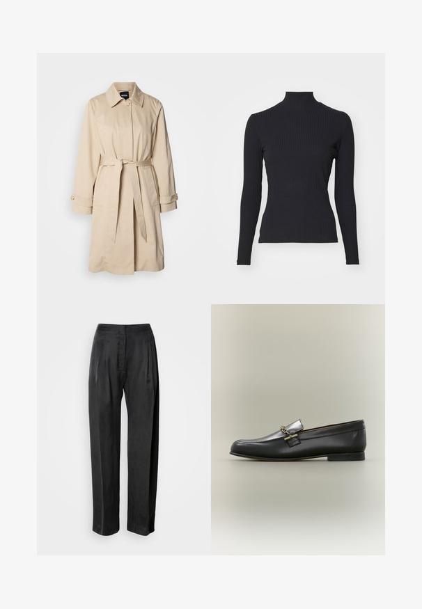 Beige trenchcoat met een ceintuur in de taille, knoopmanchetten en een kraag. Gemaakt van gladde, lichte stof.; Zwarte geribde coltrui met lange mouwen. Gemaakt van rekbare stof met een getailleerde pasvorm en hoge kraag. Eenvoudig ontwerp zonder versieringen.; Zwarte broek met wijde pijpen van gladde stof, voorzien van plooien aan de voorkant, een ritssluiting en een klassieke tailleband.; Zwarte leren loafer met zilveren bovenkant, gouden kettingdetail, lage hak en afgeronde neus op een neutrale achtergrond.