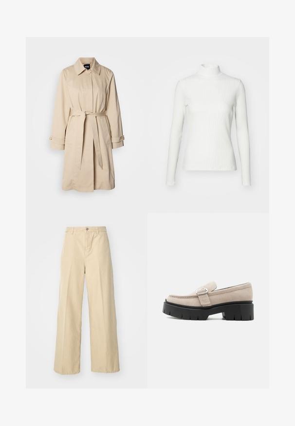 Beige trenchcoat med bælte i taljen, knaplukning ved ærmerne og krave. Fremstillet af glat, letvægtsstof.; Hvid ribbet turtleneck blouse med lange ærmer, lavet af elastisk stof. Har et tætsiddende design og høj hals for god dækning.; Beige brede bukser lavet af bomuld, med frontknaplukning, bæltestropper og et tekstureret stof.; Beige ruskindslipper med sølvspænde og tyk sort kraftig sål, set fra siden på hvid baggrund.