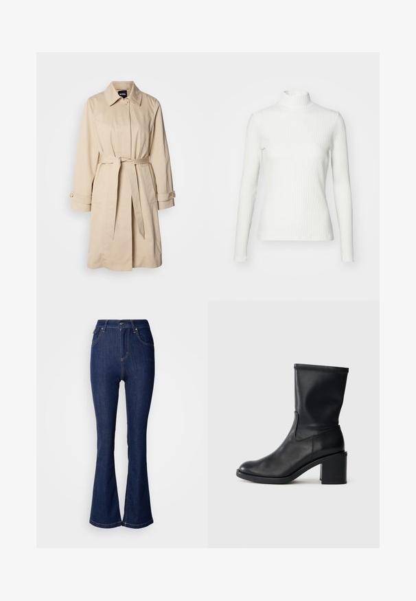 Beige trenchcoat met een ceintuur in de taille, knoopmanchetten en een kraag. Gemaakt van gladde, lichte stof.; Witte geribbelde coltrui met lange mouwen, gemaakt van rekbare stof. Heeft een getailleerd ontwerp en een hoge halslijn voor bedekking.; Donkerblauwe uitlopende jeans van denim met een hoge taille, voorzien van voorzakken, contrasterende stiksels en een knoopsluiting.; Zwarte leren enkellaars met een ronde neus, een gladde textuur en een chunky hak, met een strak schacht en subtiele stiksels.