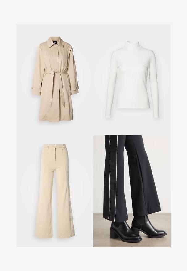 Béžový trench coat s opaskom v páse, gombíkovými manžetami a límcom. Vyrobený z hladkej, ľahkej tkaniny.; Biely rebrovaný rolák s dlhými rukávmi, vyrobený z elastického materiálu. Má priliehavý strih a vysoký golier pre lepšie zakrytie.; Béžové široké džínsy s vysokým pásom, prednými vreckami a kontrastným šitím, so zapínaním na gombík a hladkou bavlnenou textúrou.; Čierne kožené členkové topánky s blokovým podpätkom, vybavené elastickými bočnými panelmi. Skombinované s čiernymi nohavicami, ktoré majú biely bočný pruh.