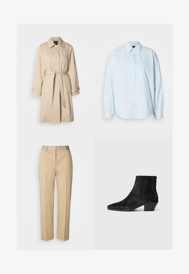 Beige Trenchcoat mit tailliertem Gürtel, geknöpften Bündchen und Kragen. Hergestellt aus glattem, leichtem Material.; Hellblaues, langärmliges Hemd aus Baumwolle mit Knopfleiste. Es hat einen Kragen, einen abgerundeten Saum und eine kleine Brusttasche mit gesticktem Logo.; Beige Straight-Leg-Hose mit Gürtelschlaufen, Vorderfalz und verdecktem Verschluss, präsentiert vor hellem Hintergrund.; Schwarze Knöchelstiefel mit spitzem Zehen, strukturiertem haarähnlichem Material, geripptem Seitenpaneel und niedrigem Blockabsatz. Schlichtes und modernes Design.