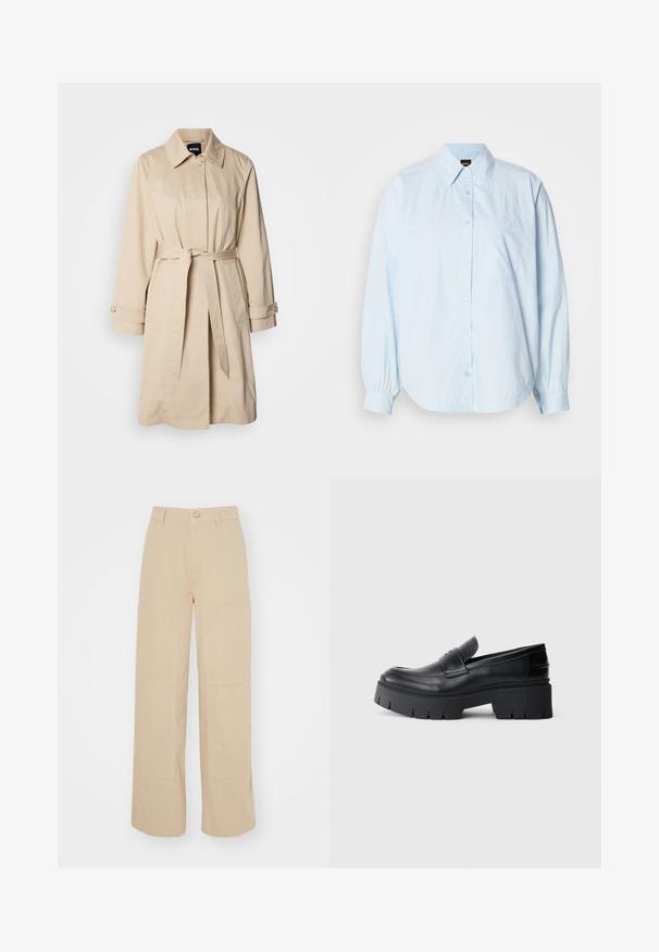 Béžový trench coat s opaskom v páse, gombíkovými manžetami a límcom. Vyrobený z hladkej, ľahkej tkaniny.; Svetlomodrá dlhá košeľa s gombíkmi vyrobená z bavlny. Obsahuje golier, zakrivený lem a malú náprsné vrecko s vyšitým logom.; Béžové široké nohavice vyrobené z bavlny. Obsahujú dve veľké predné vrecká a kovové zapínanie na páse. Hladká textúra.; Čierne robustné platformové loafery s hladkým koženým vrchom, dekoratívnym popruhom a hrubou textúrovanou podrážkou na bielom pozadí.