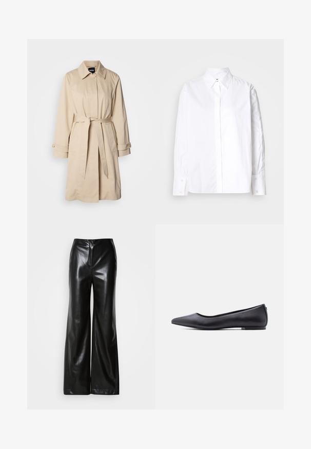 Beige trenchcoat med bælte i taljen, knaplukning ved ærmerne og krave. Fremstillet af glat, letvægtsstof.; Hvid skjorte med klassisk krave, lange ærmer og manchetter. Fremstillet af glat stof, den har en midt foran placket.; Sorte læder bukser med bred ben, glat tekstur, høj talje og skjult lynlås foran. Skræddersyet pasform med en ren finish.; Sort flad lædersko med spidst tåparti og lav hæl, vist i sideprofil mod en hvid baggrund.